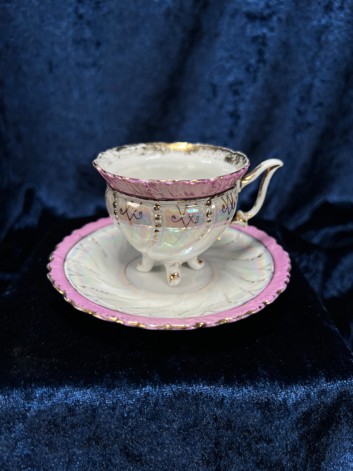 Vintage Porcelain Footed Demitasse Cup and Saucer - Purple and Gold Opalescent Finish