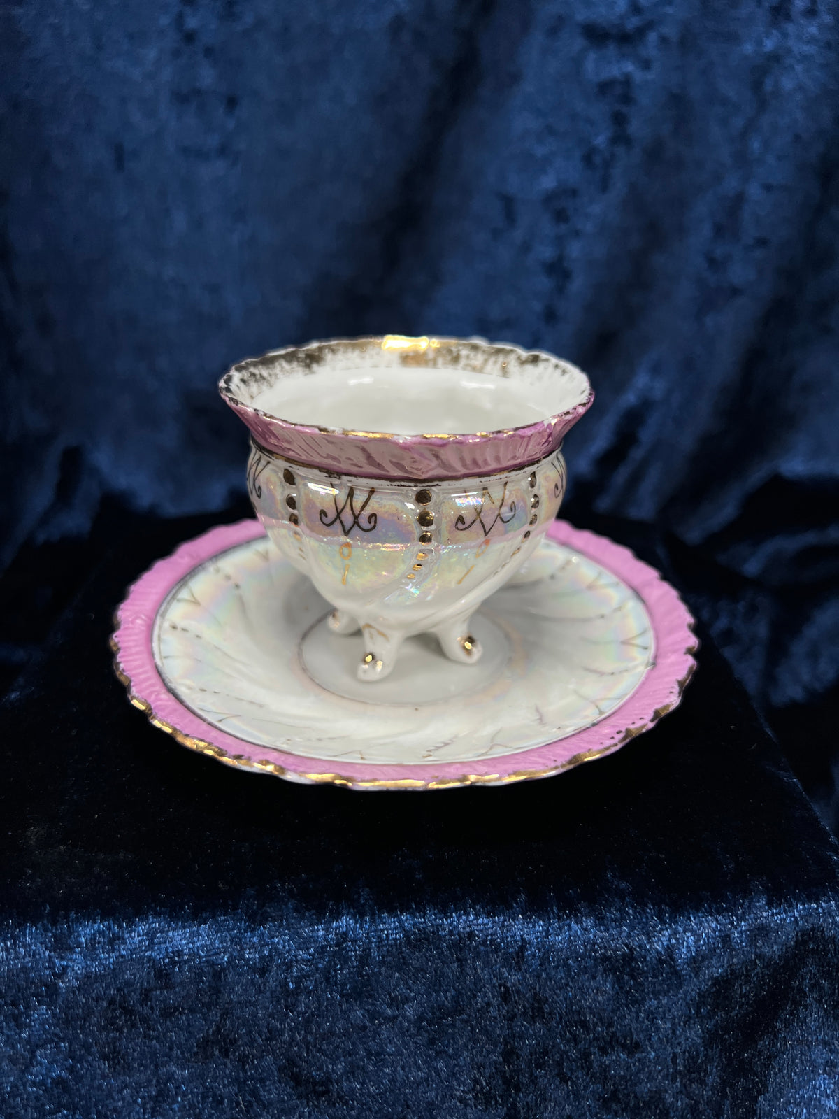 Vintage Porcelain Footed Demitasse Cup and Saucer - Purple and Gold Opalescent Finish