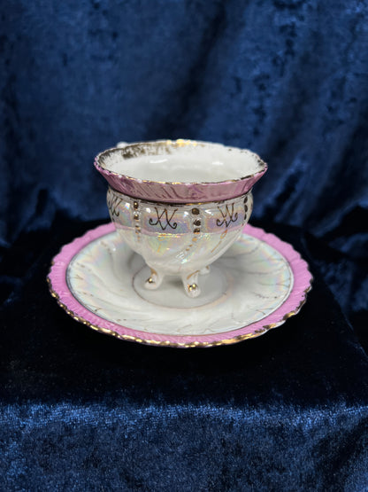 Vintage Porcelain Footed Demitasse Cup and Saucer - Purple and Gold Opalescent Finish