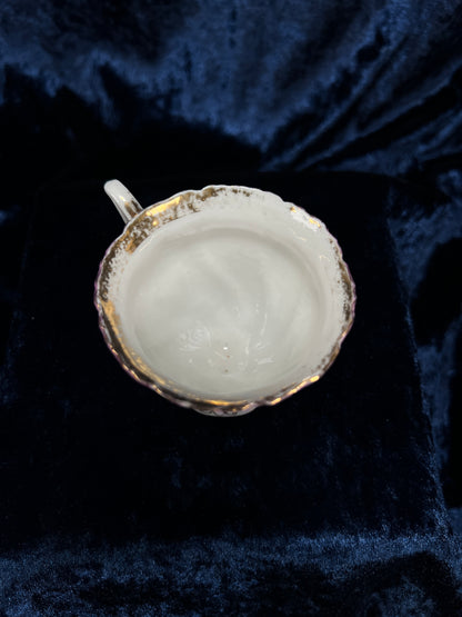 Vintage Porcelain Footed Demitasse Cup and Saucer - Purple and Gold Opalescent Finish