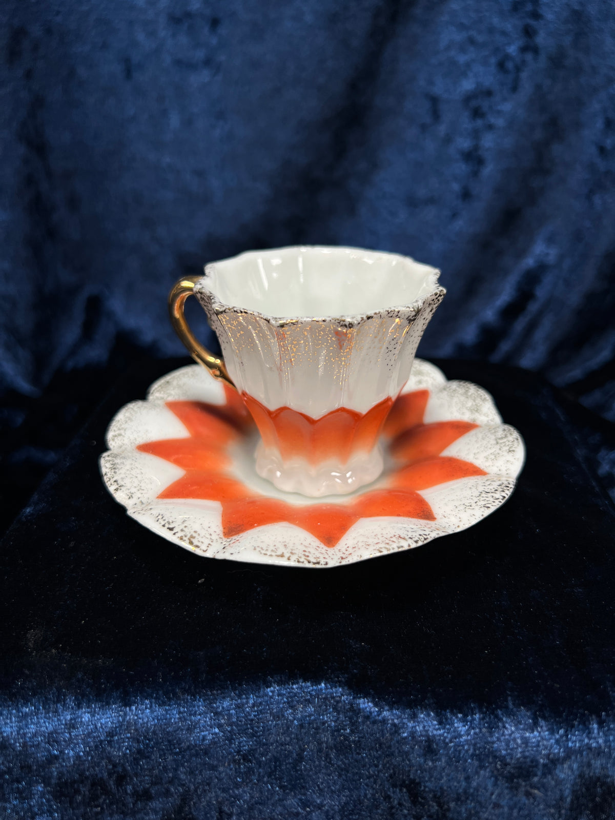Vintage Ceramic Demitasse Cup and Saucer - Orange Starburst and Gold Edging