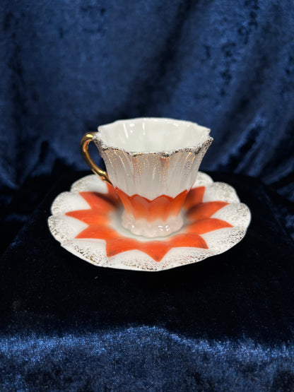 Vintage Ceramic Demitasse Cup and Saucer - Orange Starburst and Gold Edging