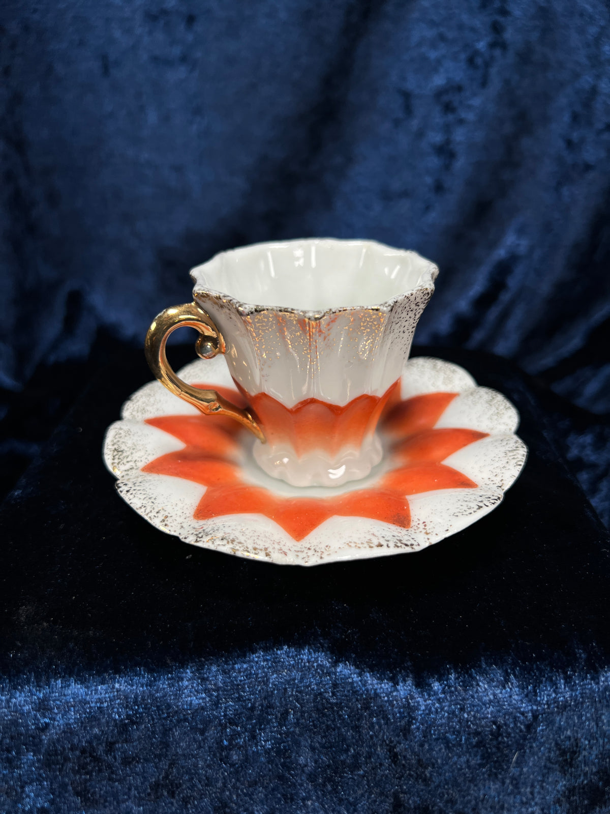 Vintage Ceramic Demitasse Cup and Saucer - Orange Starburst and Gold Edging