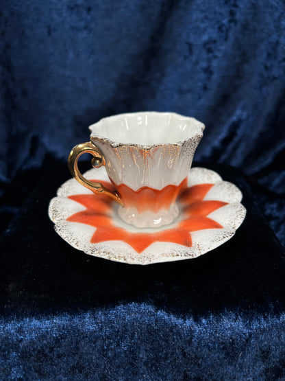 Vintage Ceramic Demitasse Cup and Saucer - Orange Starburst and Gold Edging