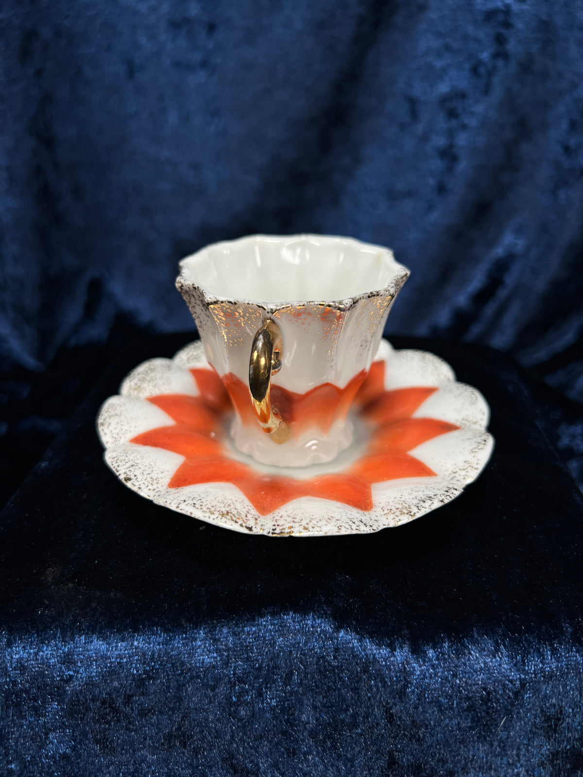 Vintage Ceramic Demitasse Cup and Saucer - Orange Starburst and Gold Edging