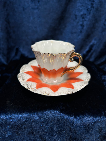 Vintage Ceramic Demitasse Cup and Saucer - Orange Starburst and Gold Edging
