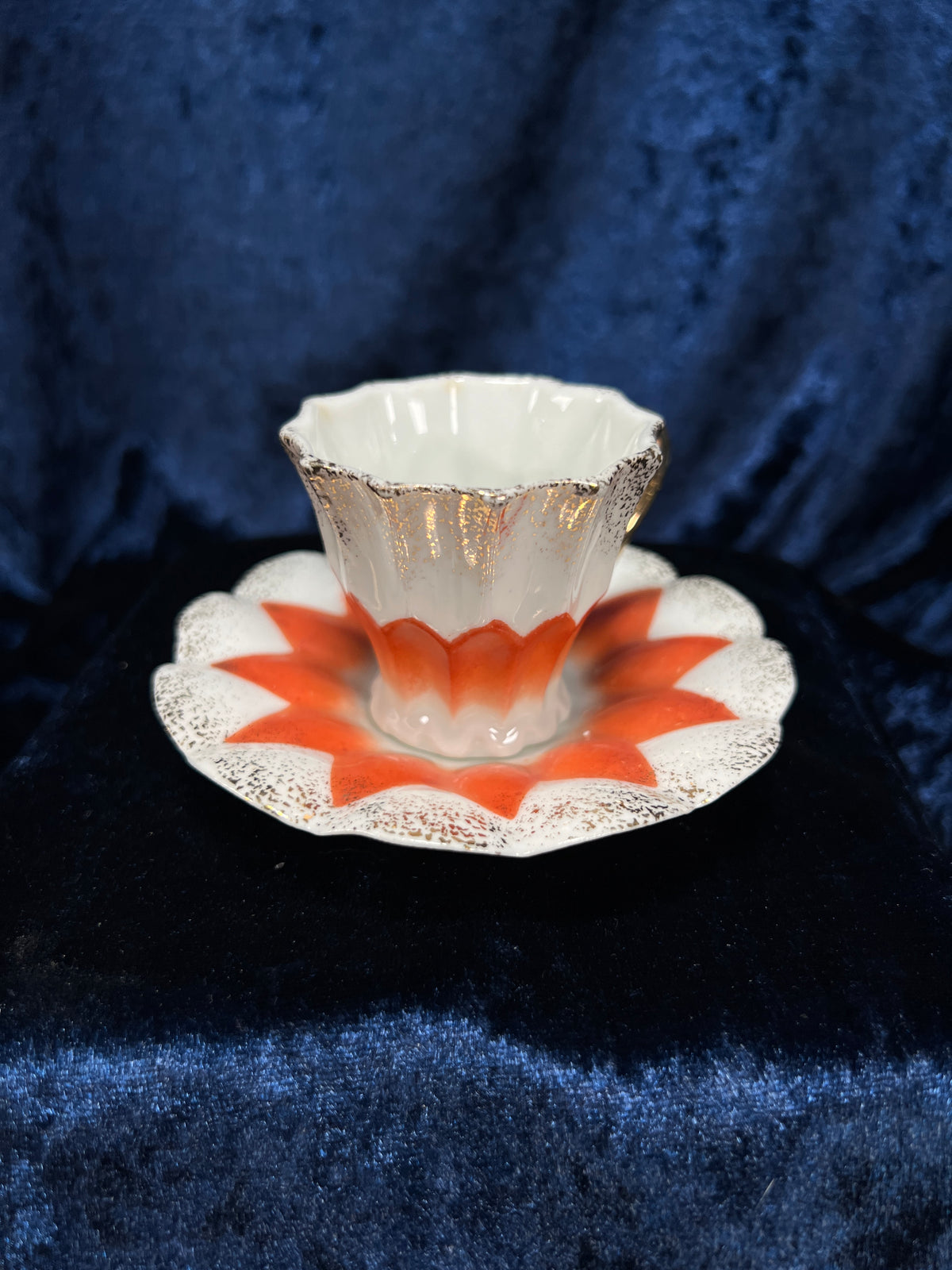 Vintage Ceramic Demitasse Cup and Saucer - Orange Starburst and Gold Edging