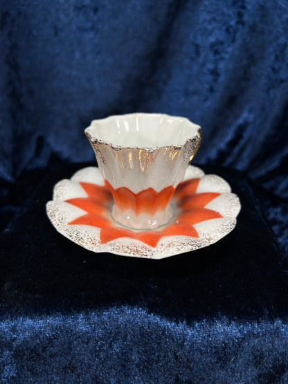 Vintage Ceramic Demitasse Cup and Saucer - Orange Starburst and Gold Edging