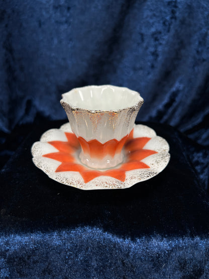 Vintage Ceramic Demitasse Cup and Saucer - Orange Starburst and Gold Edging