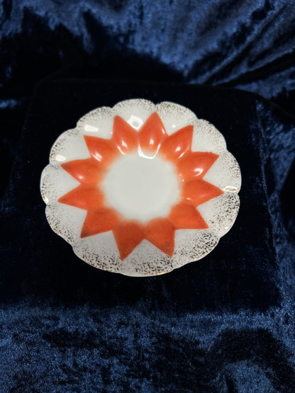Vintage Ceramic Demitasse Cup and Saucer - Orange Starburst and Gold Edging