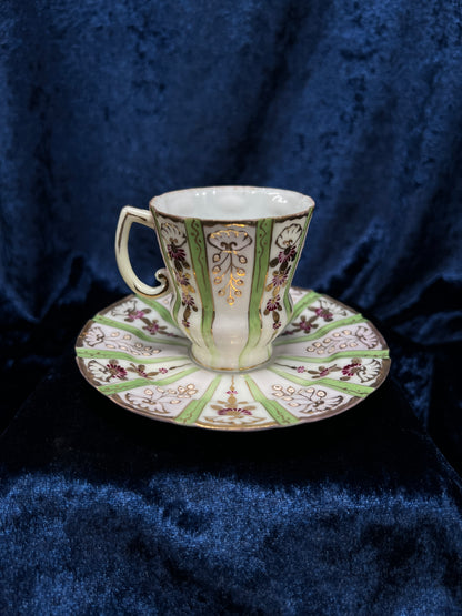 Vintage Japanese Demitasse Cup and Saucer Set - Green and Purple Floral Gold Trim