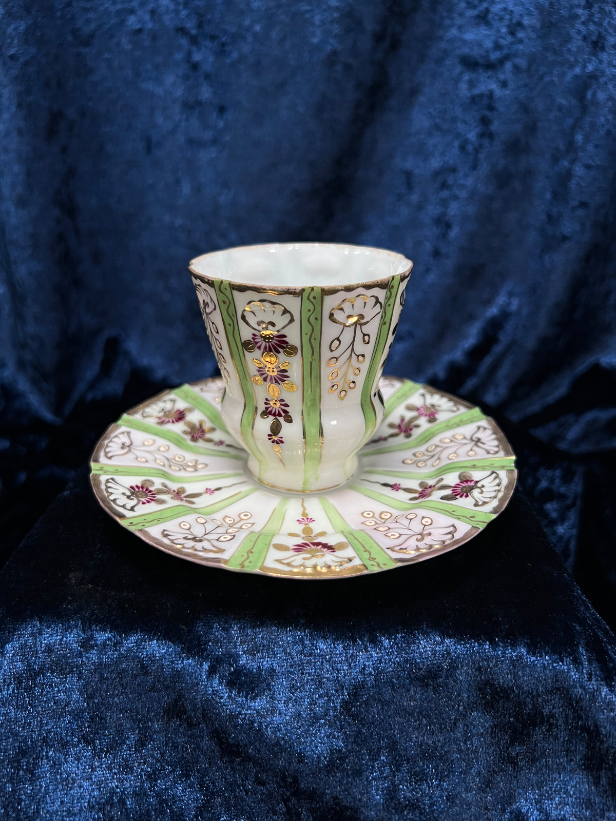 Vintage Japanese Demitasse Cup and Saucer Set - Green and Purple Floral Gold Trim