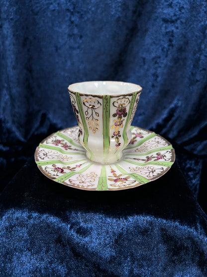 Vintage Japanese Demitasse Cup and Saucer Set - Green and Purple Floral Gold Trim