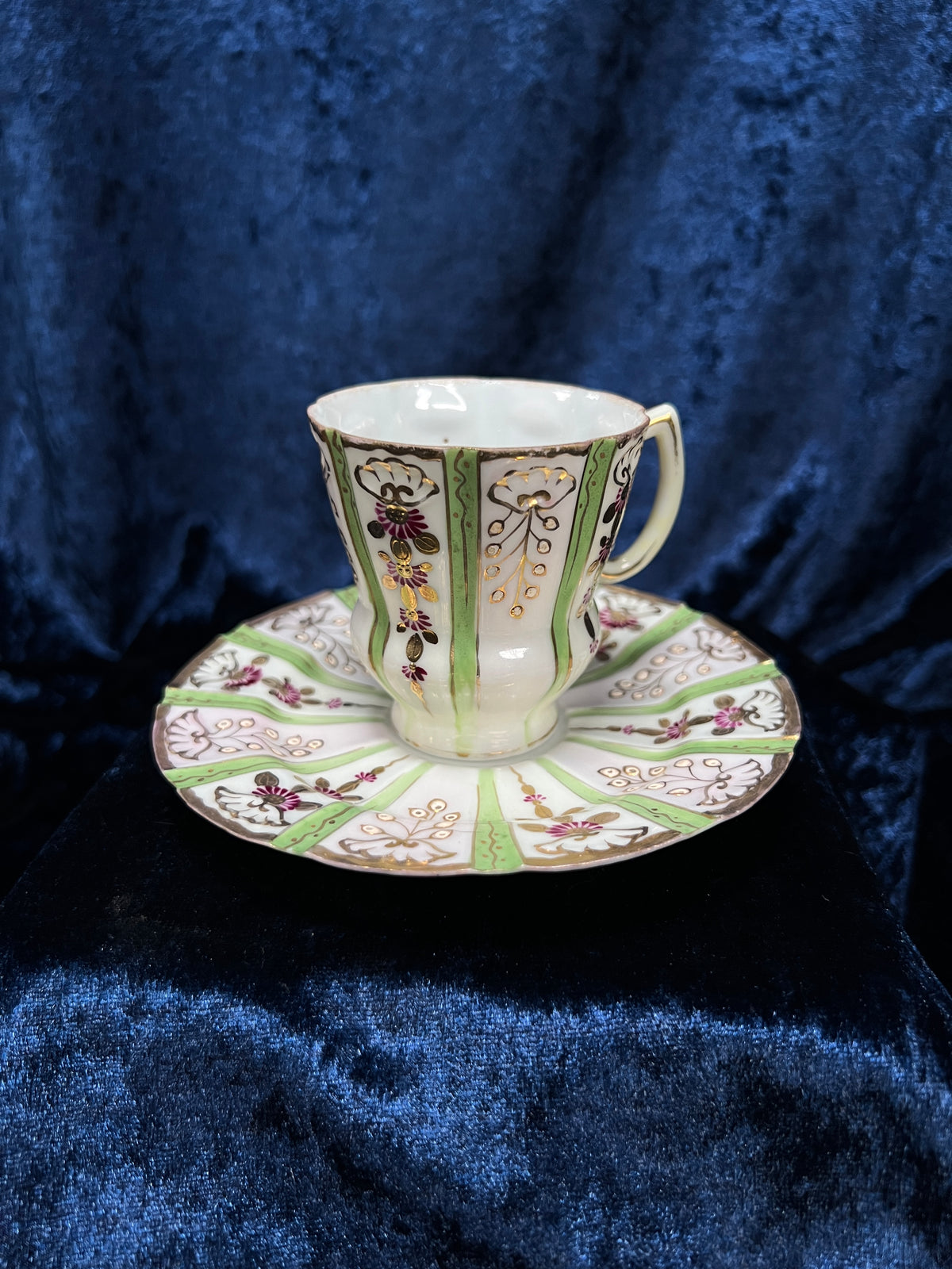 Vintage Japanese Demitasse Cup and Saucer Set - Green and Purple Floral Gold Trim