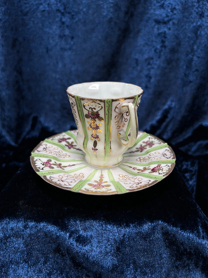 Vintage Japanese Demitasse Cup and Saucer Set - Green and Purple Floral Gold Trim