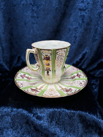 Vintage Japanese Demitasse Cup and Saucer Set - Green and Purple Floral Gold Trim