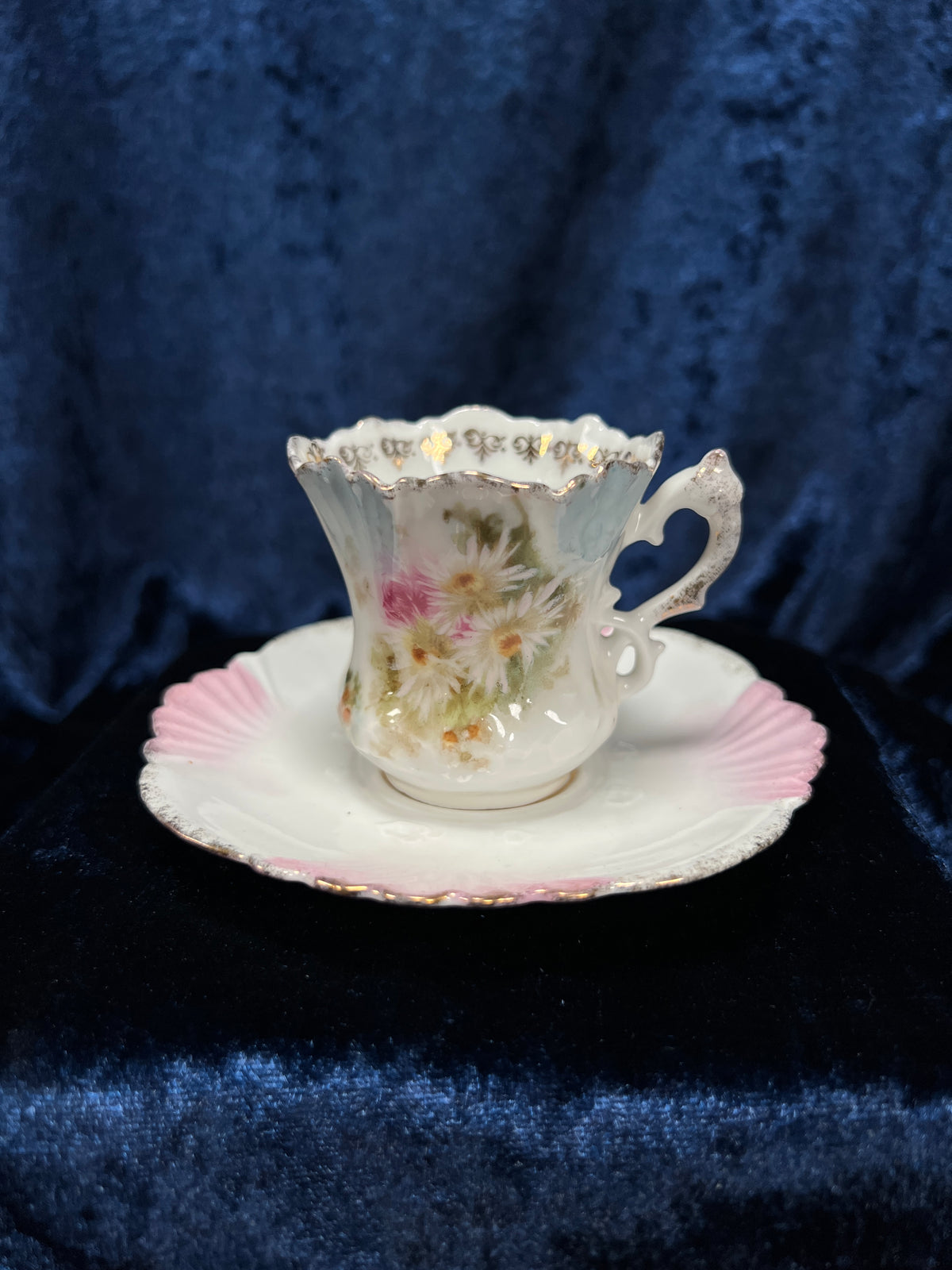 Vintage Ceramic Demitasse Cup and Saucer - Thorned Handle Floral Gold Edge