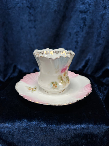 Vintage Ceramic Demitasse Cup and Saucer - Thorned Handle Floral Gold Edge