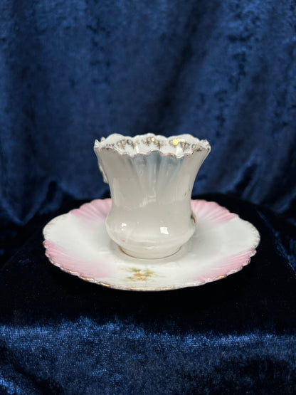 Vintage Ceramic Demitasse Cup and Saucer - Thorned Handle Floral Gold Edge