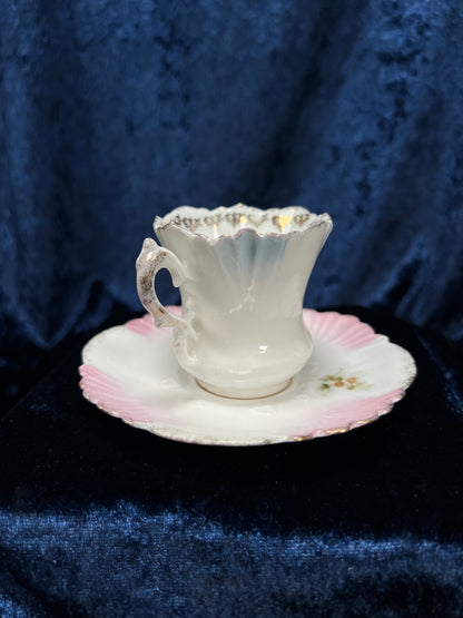 Vintage Ceramic Demitasse Cup and Saucer - Thorned Handle Floral Gold Edge