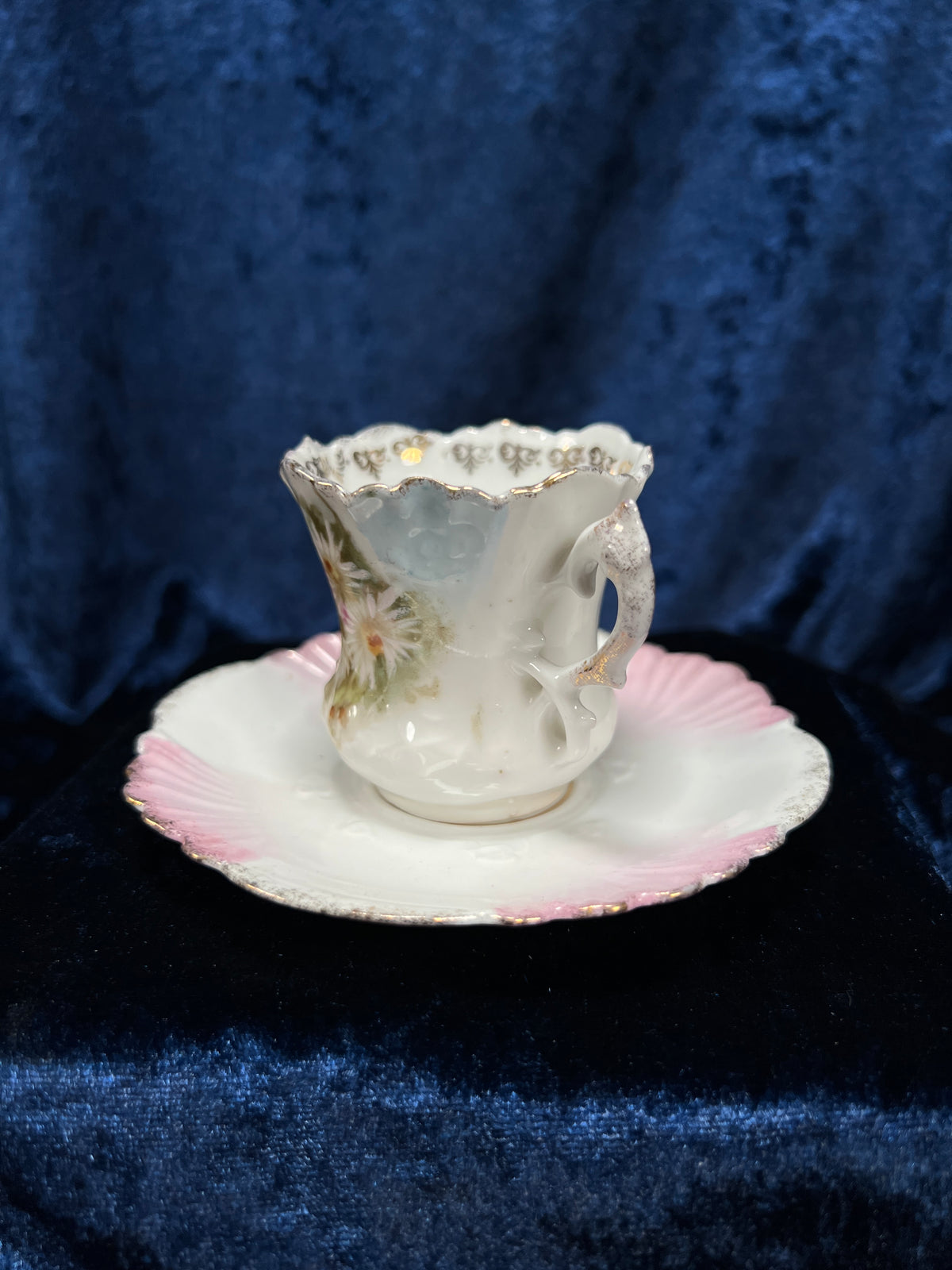 Vintage Ceramic Demitasse Cup and Saucer - Thorned Handle Floral Gold Edge