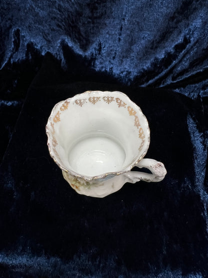 Vintage Ceramic Demitasse Cup and Saucer - Thorned Handle Floral Gold Edge
