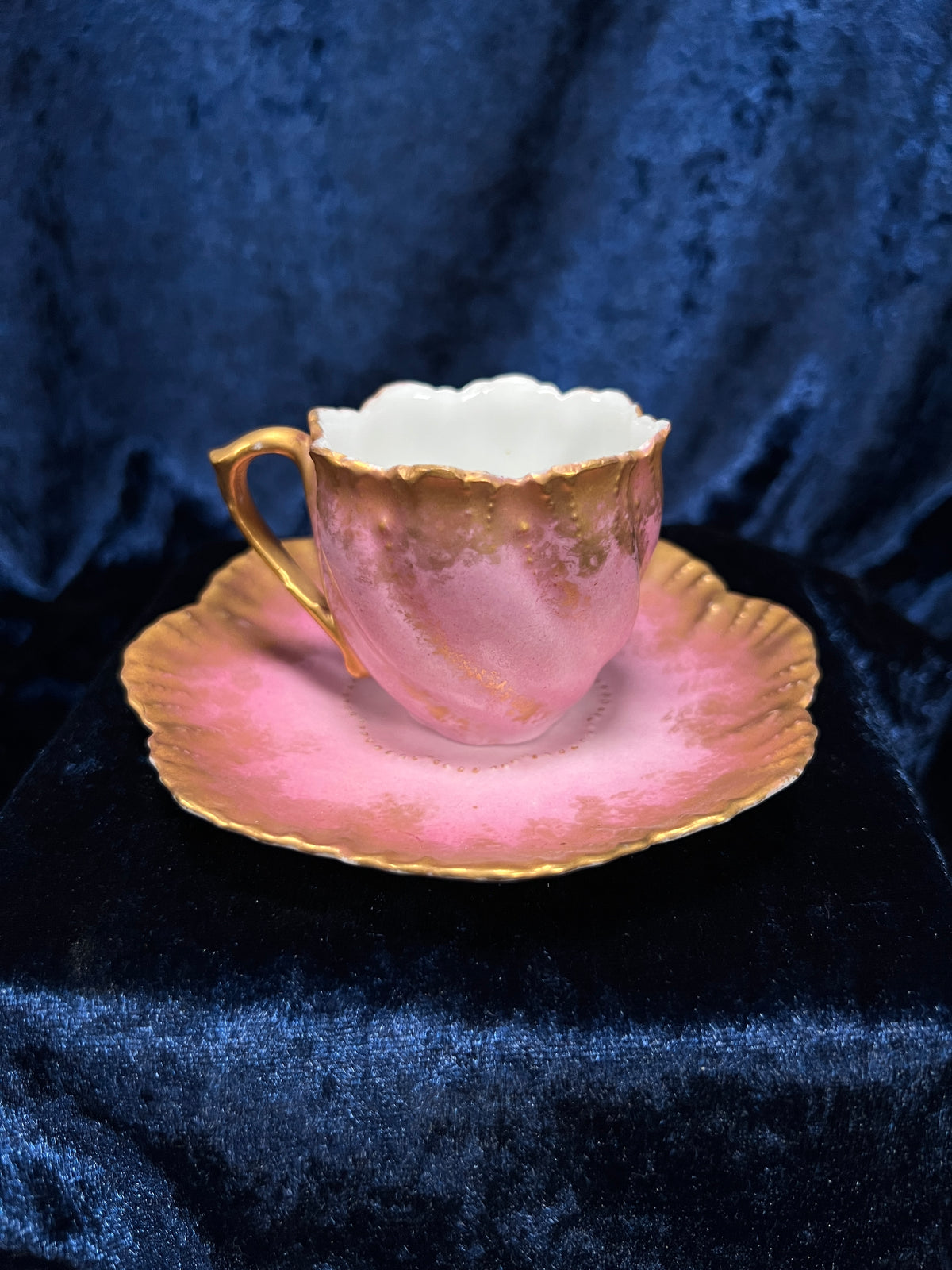 Vintage Limoges Demitasse Teacup Saucer Set - Pink-Purple Tulip Design with Stand