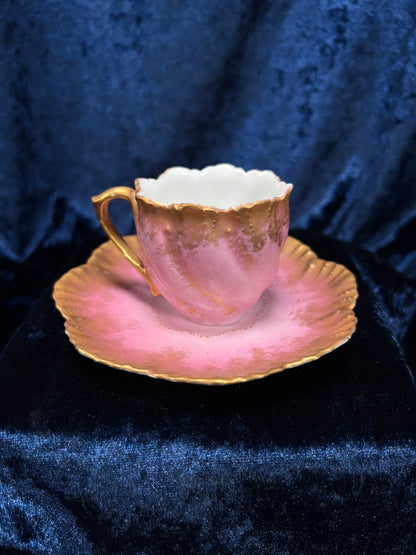 Vintage Limoges Demitasse Teacup Saucer Set - Pink-Purple Tulip Design with Stand