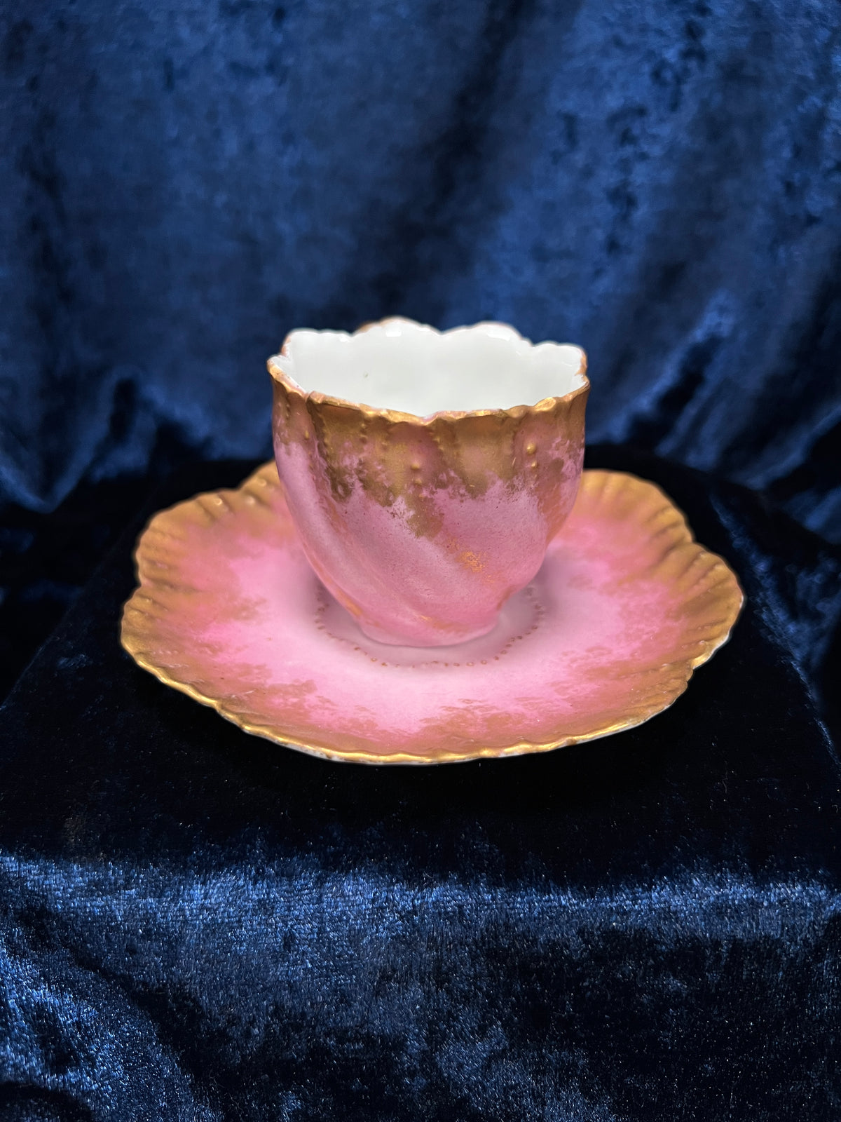 Vintage Limoges Demitasse Teacup Saucer Set - Pink-Purple Tulip Design with Stand