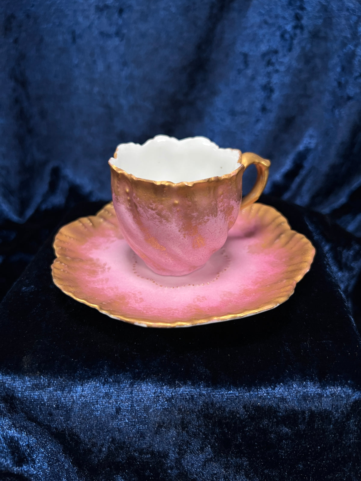 Vintage Limoges Demitasse Teacup Saucer Set - Pink-Purple Tulip Design with Stand