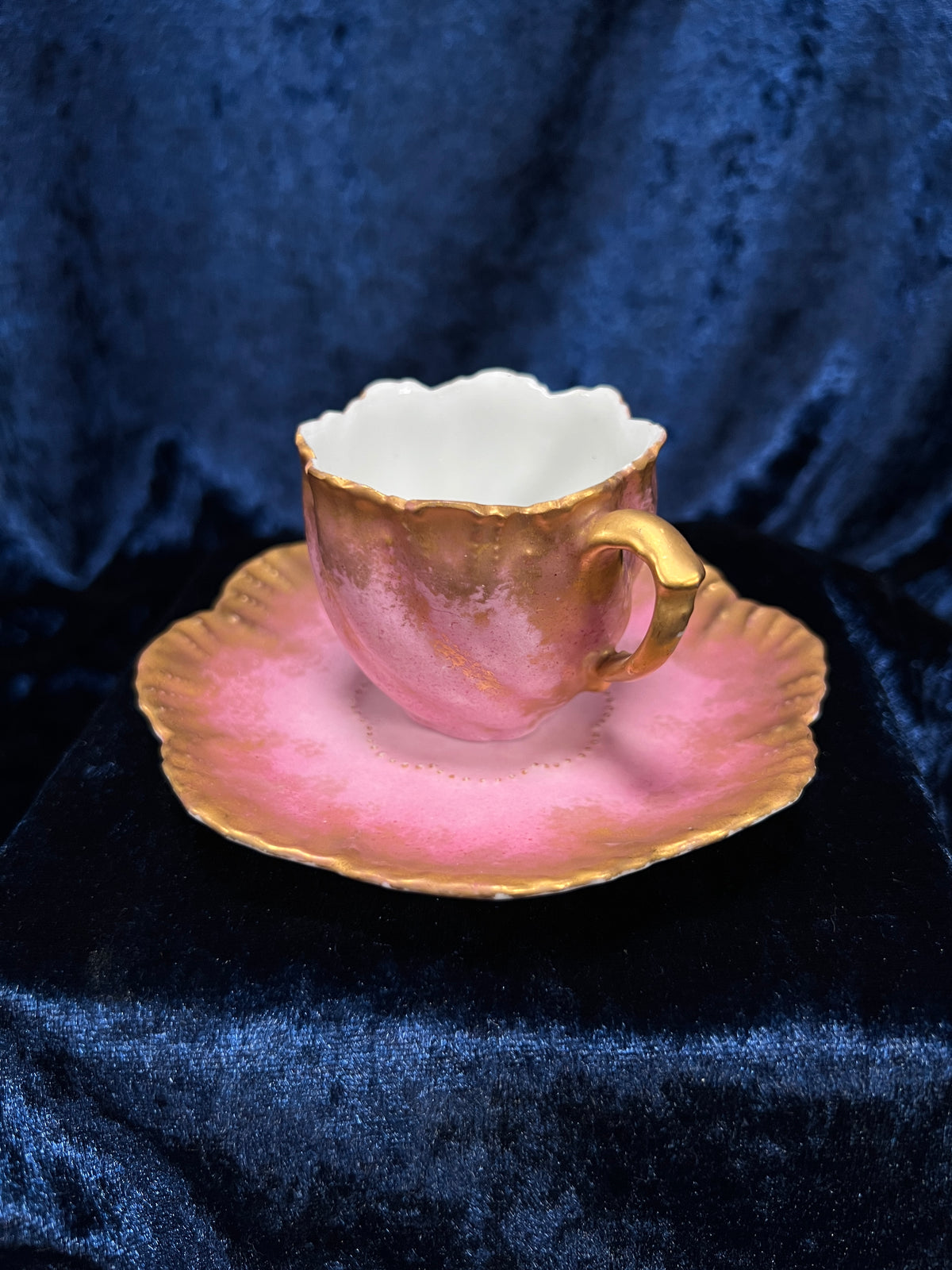 Vintage Limoges Demitasse Teacup Saucer Set - Pink-Purple Tulip Design with Stand