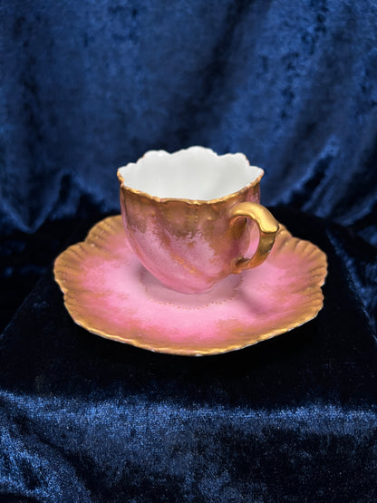 Vintage Limoges Demitasse Teacup Saucer Set - Pink-Purple Tulip Design with Stand