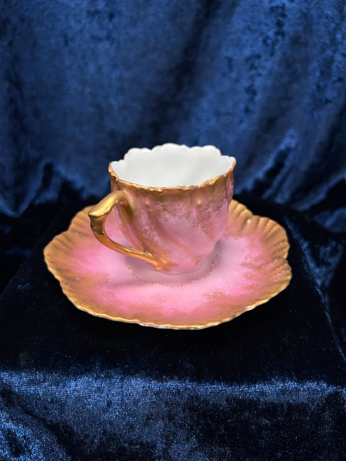 Vintage Limoges Demitasse Teacup Saucer Set - Pink-Purple Tulip Design with Stand