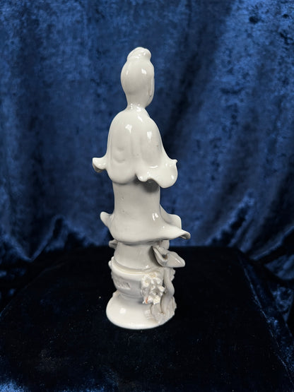 Vintage Chinese Porcelain Guanyin Figurine - White Buddhist Goddess on Lotus Base