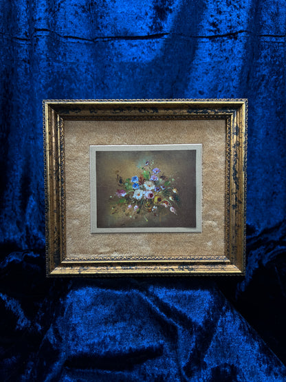 Vintage Framed Wall Art - Original Floral Bouquet Painting in Gold Crackle Frame