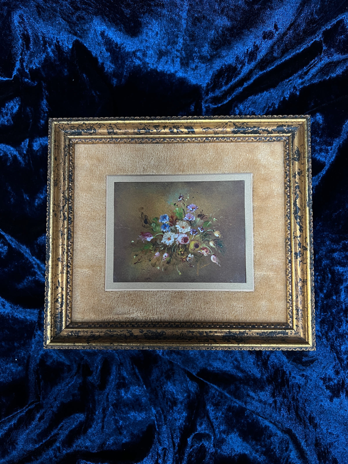Vintage Framed Wall Art - Original Floral Bouquet Painting in Gold Crackle Frame