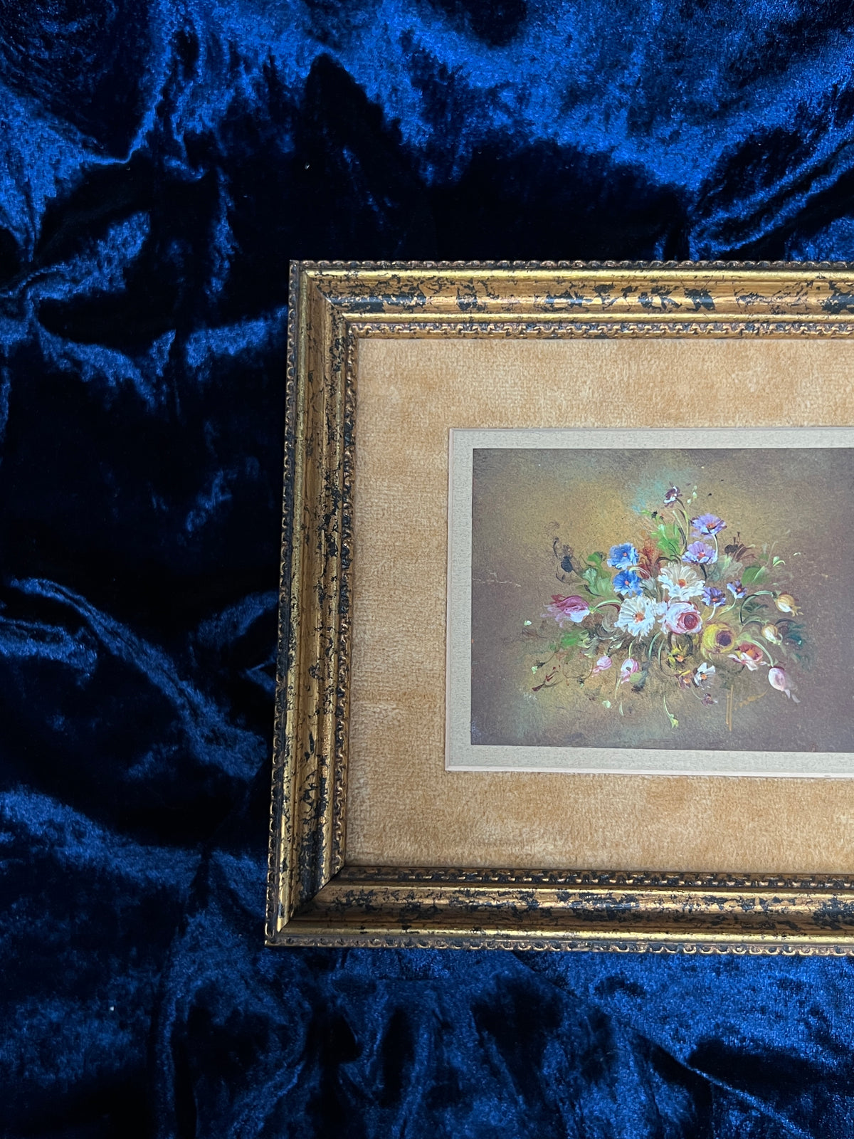 Vintage Framed Wall Art - Original Floral Bouquet Painting in Gold Crackle Frame