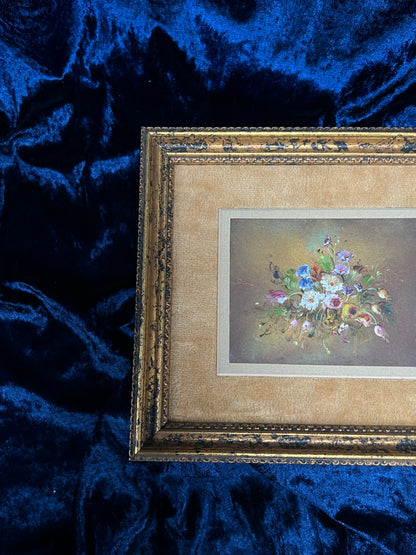 Vintage Framed Wall Art - Original Floral Bouquet Painting in Gold Crackle Frame