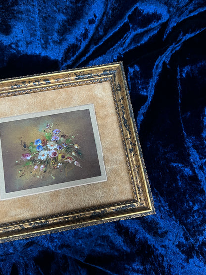 Vintage Framed Wall Art - Original Floral Bouquet Painting in Gold Crackle Frame