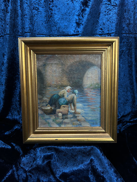 Vintage Framed Oil Painting of Women Washing in a River - Signed ES
