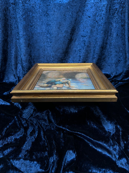 Vintage Framed Oil Painting of Women Washing in a River - Signed ES