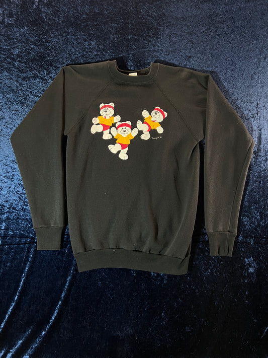 Vintage Cotton-Blend Crew Neck Sweater - Aerobics Teddy Bear Graphic - Medium