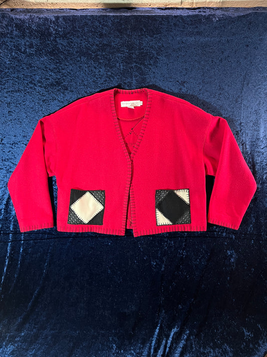 Vintage Tony Lambert Collections Wool-Blend Cardigan - Red Patchwork Pockets and Back - Small