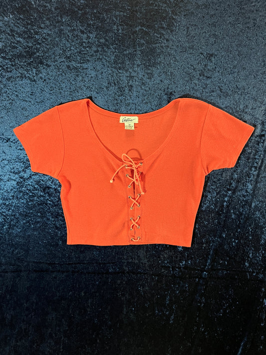 Vintage Cristina Cotton-Blend Lace Front Crop Top - Orange - Medium