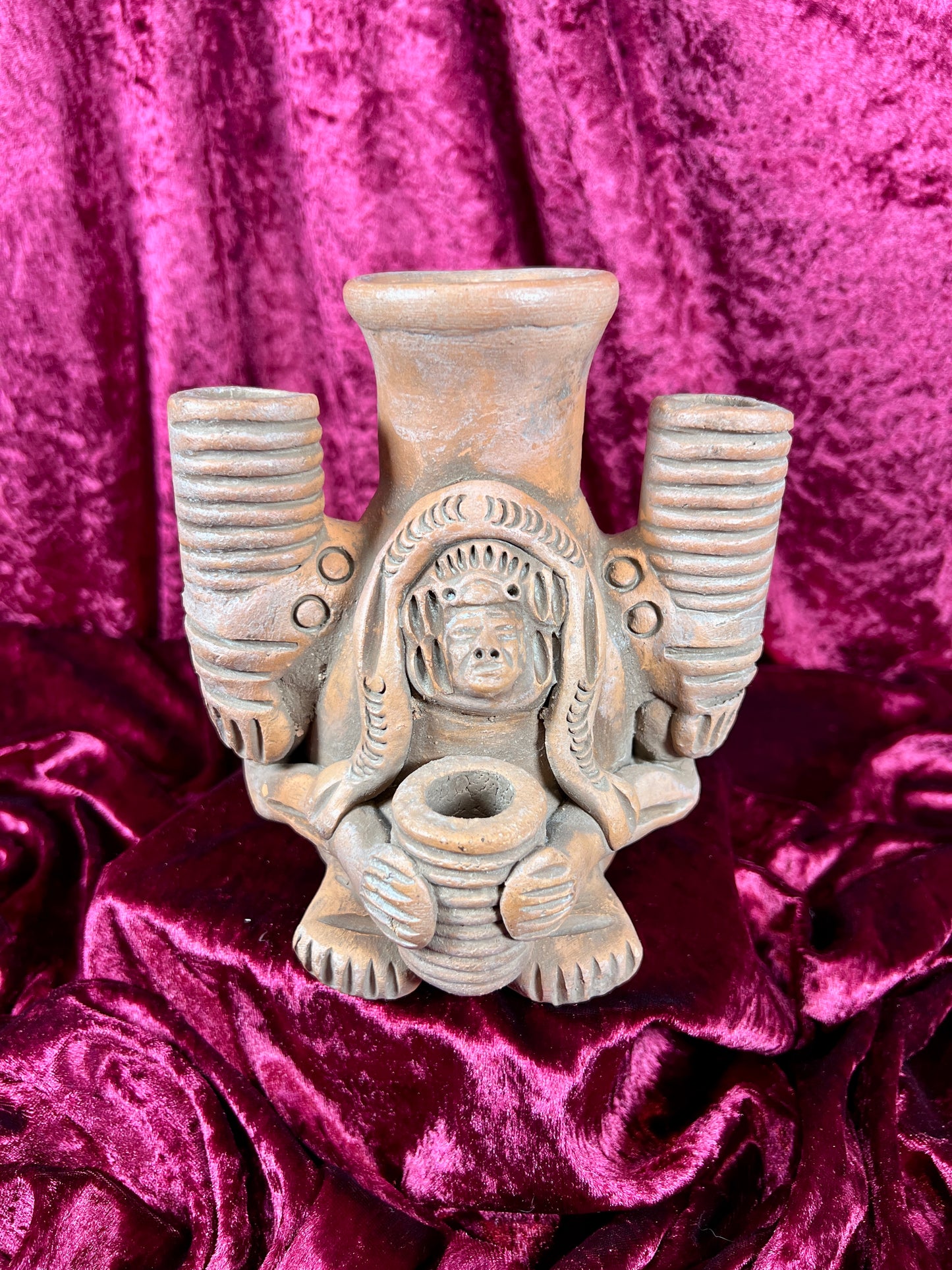 Vintage Oddities - Altar Candelabra - Red Clay Mayan / Aztec Deity Effigy