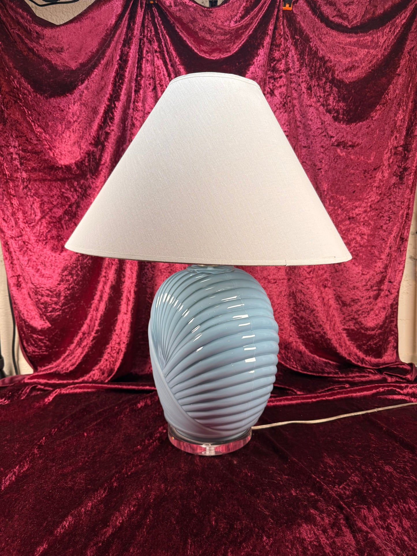 Vintage Lighting - Tabletop Lamp - 1980s Art Deco Revival Shell Pattern - Dusty Blue