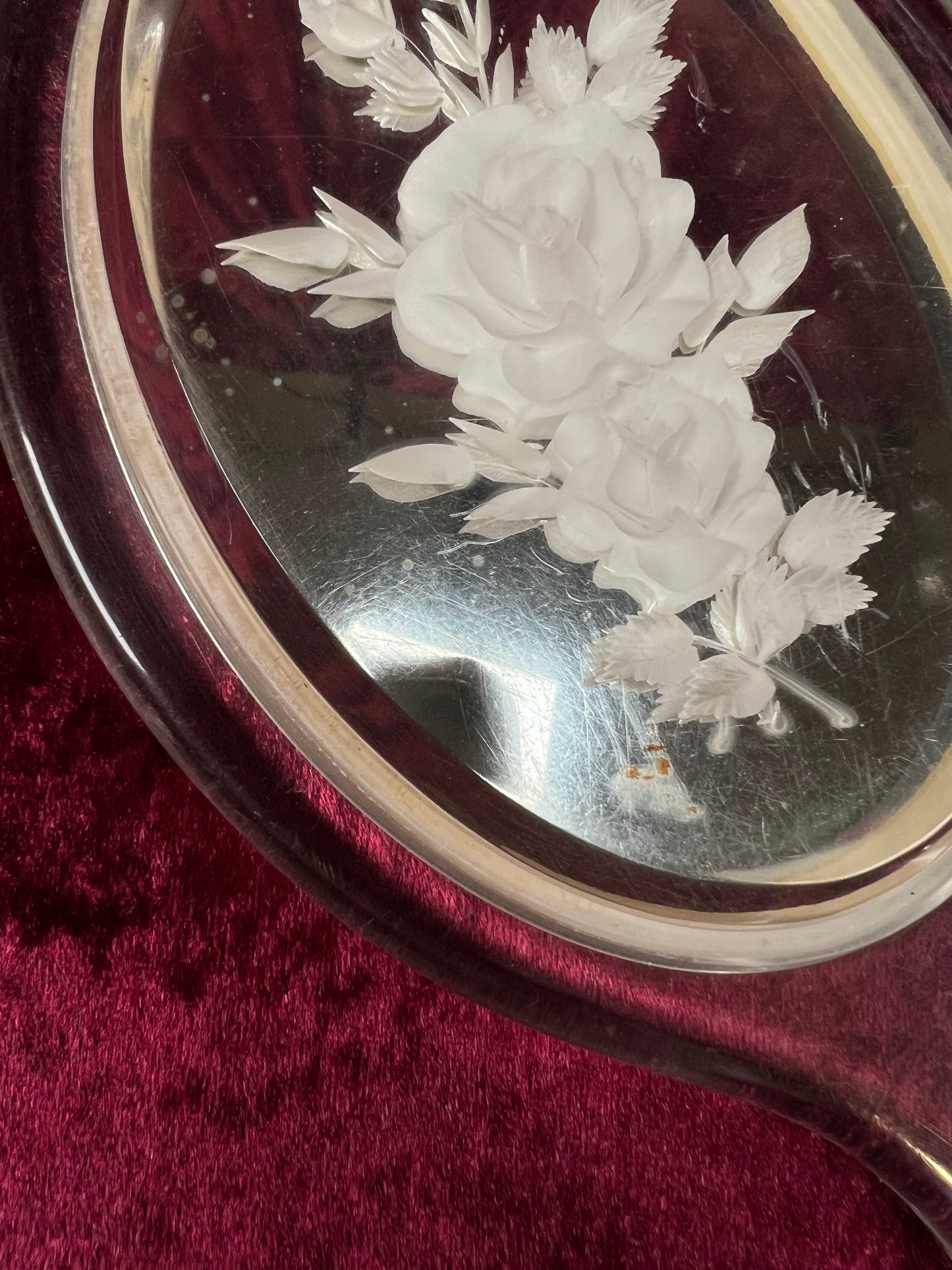 Vintage Lucite Hand Mirror - Reverse Carved Rose Bouquet Vanity Mirror