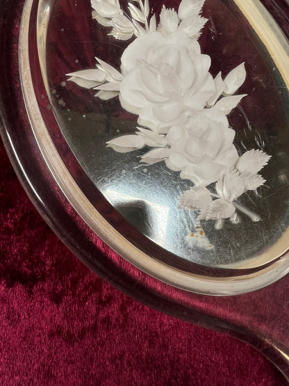 Vintage Lucite Hand Mirror - Reverse Carved Rose Bouquet Vanity Mirror