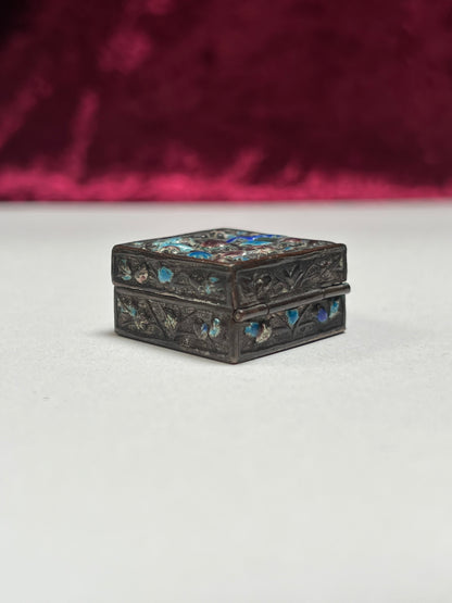 Vintage Trinket Box - Copper Cloisonne Enamel Pill Box - Animal & Floral Design - Made in China