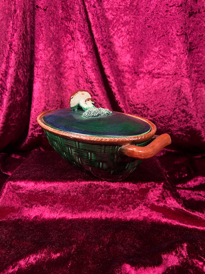 Vintage Ceramic Covered Casserole Dish - Majolica Mushroom Lid Basketweave Belgium Tellurite